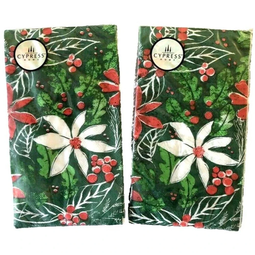 Christmas Cypress Paper Towels Napkins Set of 2 Poinsettia Holly 15 Ct Decoupage